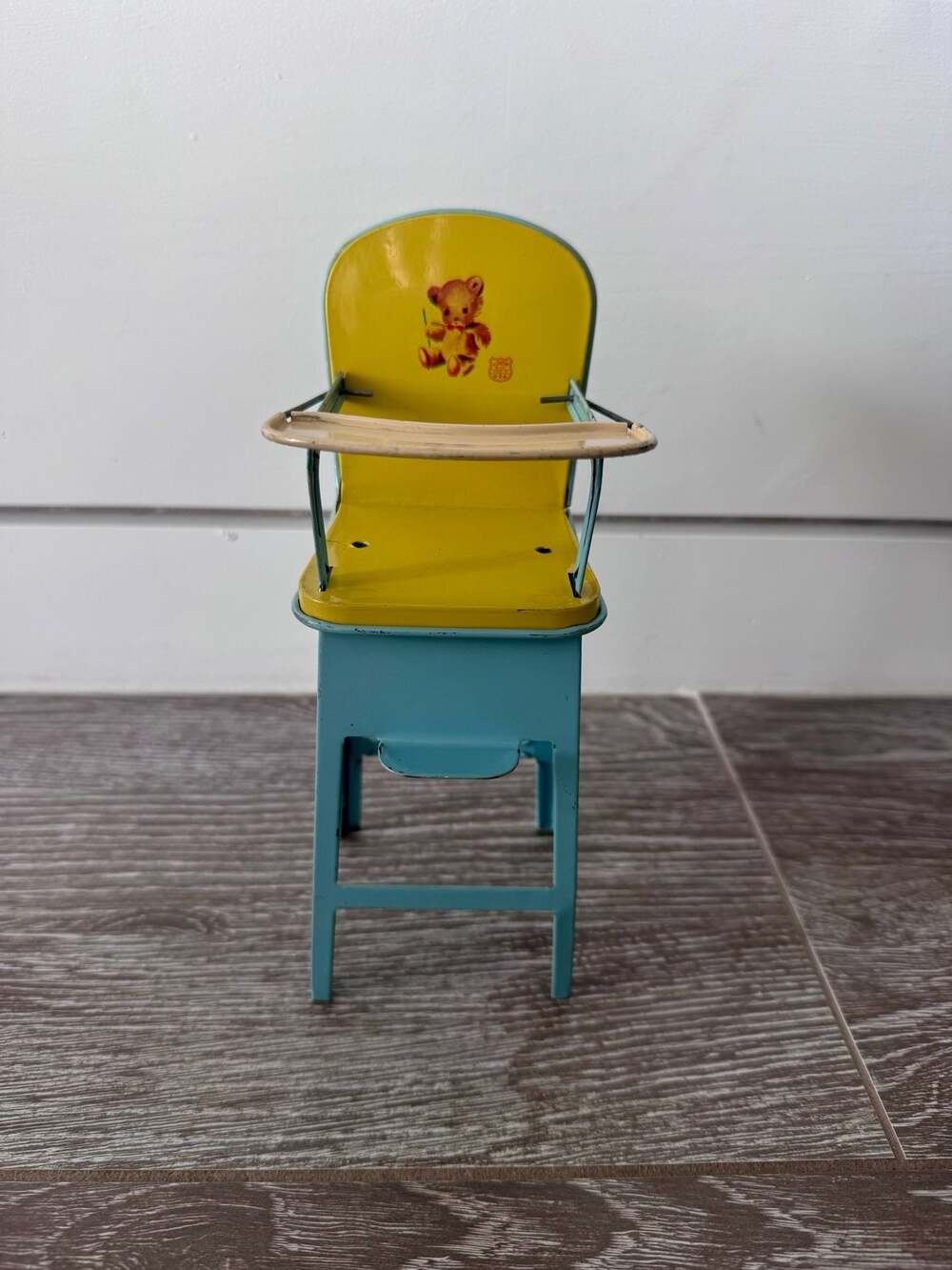 Vintage 1950s AMSCO Doll-E-Highchair Metal Toy with Teddy Bear Graphic